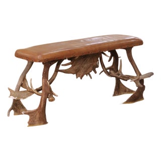 Early 20th Century Austrian Black Forest Antler Bench With Leather Seat For Sale