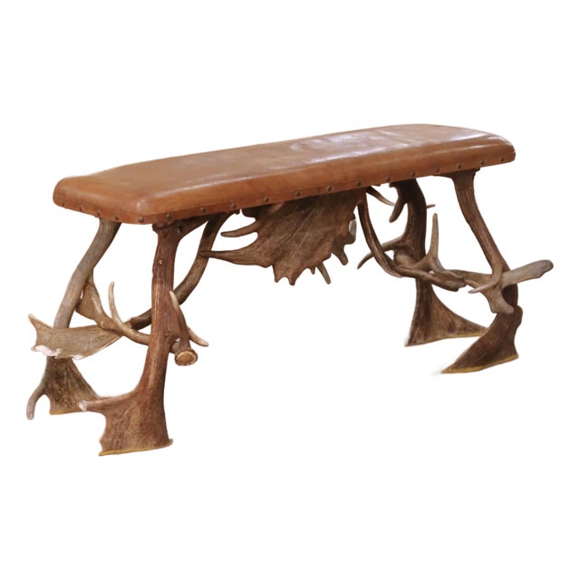 Early 20th Century Austrian Black Forest Antler Bench With Leather Seat For Sale