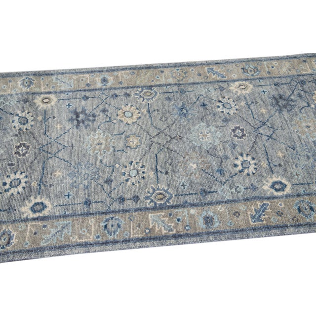 Gray Modern Gray Oushak Style Handmade Floral Motif Wool Runner For Sale - Image 8 of 9