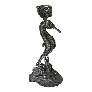Late 20th Century Cipolla Pewter Seahorse Candlestick Seashells Coral
