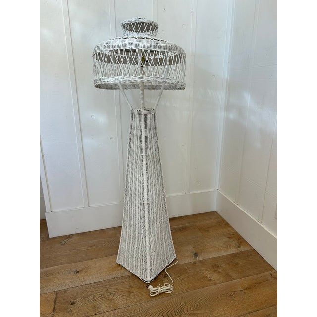 White Vintage White Wicker Floor Lamp With Tiered Dome Shade For Sale - Image 8 of 14
