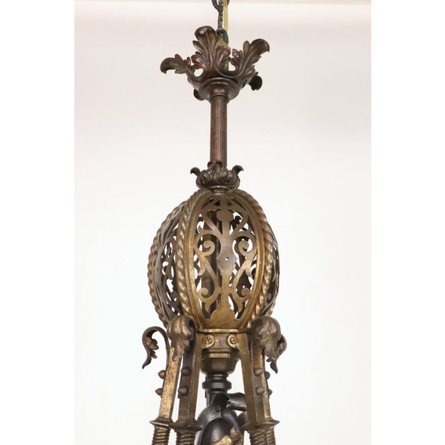 Rococo Early 20th Century Cast Bronze Highly Ornate Chandelier With Original Etched Glass Down Shades For Sale - Image 3 of 16