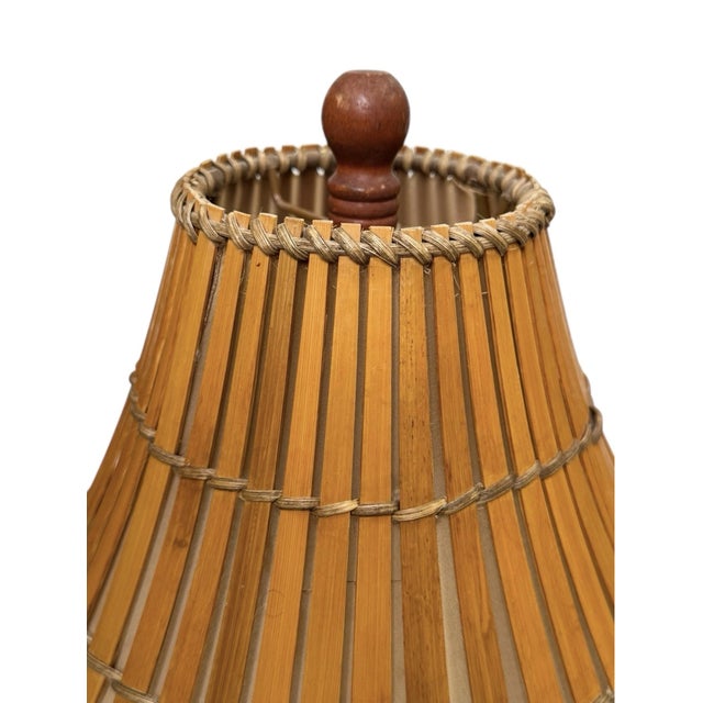 Vintage Mid Century Bamboo Shade Turned Wood Table Lamp For Sale - Image 9 of 9
