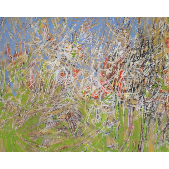 A 1960 abstract oil on canvas painting by the American artist Stephen Magada (1926-1971). Titled "Encounter," this...
