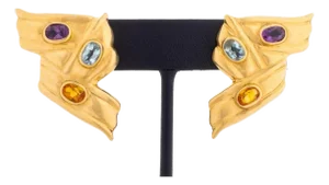 14k Gold Multi-Gemstone Ribbon Motif Earrings