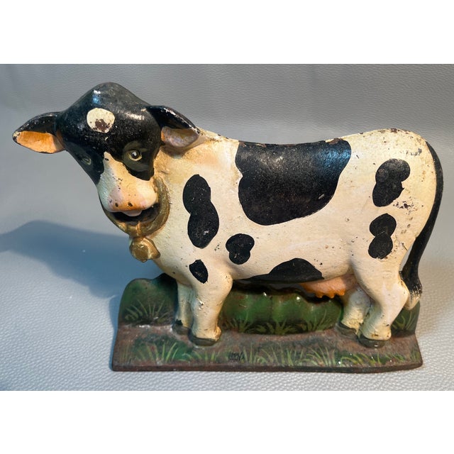 White Cast Iron Holstein Cow Doorstop Folk Art Farmhouse Vintage Chippy Paint Signed For Sale - Image 8 of 8
