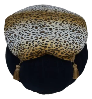 1990s Hollywood Regency Leopard Print Ottoman Pouf Black Velvet Tassel Stool