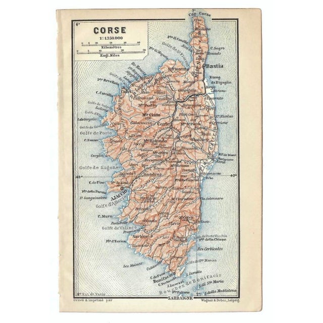 Circa 1900 map of the island of Corsica (Corse) France from an Italian travel atlas. Combined shipping available, please...
