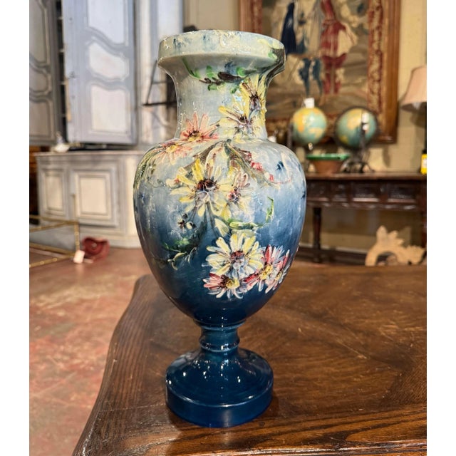 19th Century French Hand-Painted Floral Barbotine Vase Signed P. Perret For Sale - Image 4 of 8