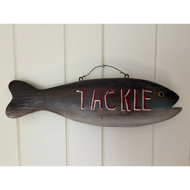Gray Vintage New England-Style Hand-Carved Fish Bait & Tackle Folk Art Sign For Sale - Image 8 of 13