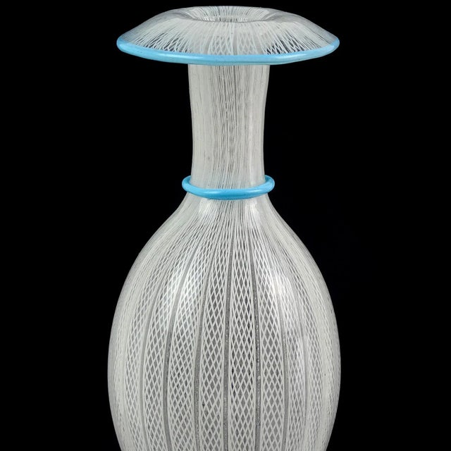 Murano Antique Murano White Zanfirico Ribbons Sky Blue Detals Italian Art Glass Footed Flower Vase For Sale - Image 4 of 9