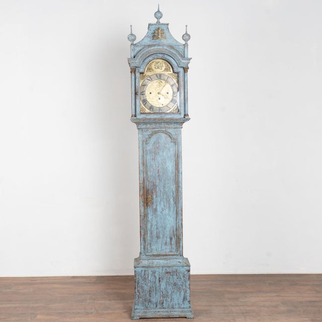 Gustavian (Swedish) Early 19th Century Swedish Blue Painted Pine Grandfather Clock For Sale - Image 3 of 14