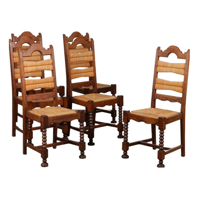 Vintage Straw-Seated Chairs in Oak, 1940, Set of 6 For Sale