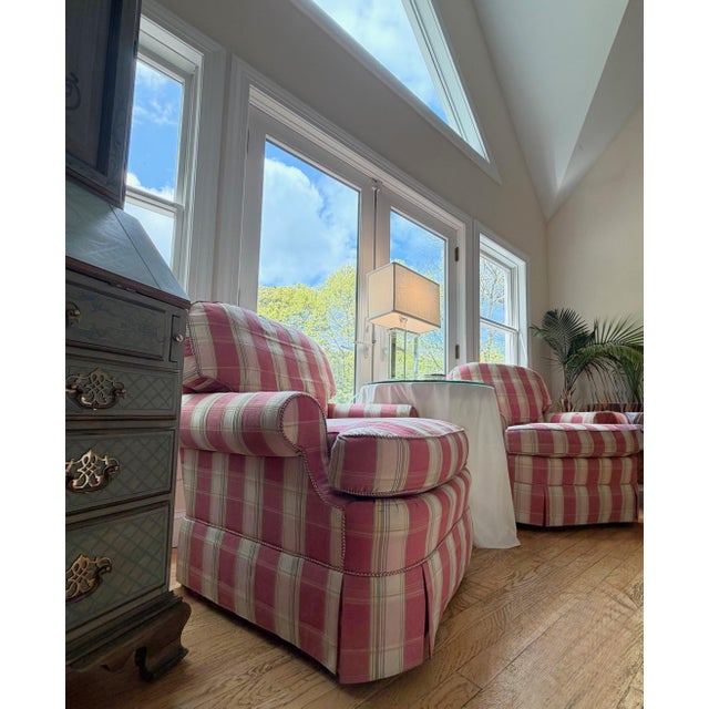 2000 - 2009 A Pair of Custom Pink Plaid Pleated Skirt Lounge Chairs With Rolled Arms For Sale - Image 5 of 18