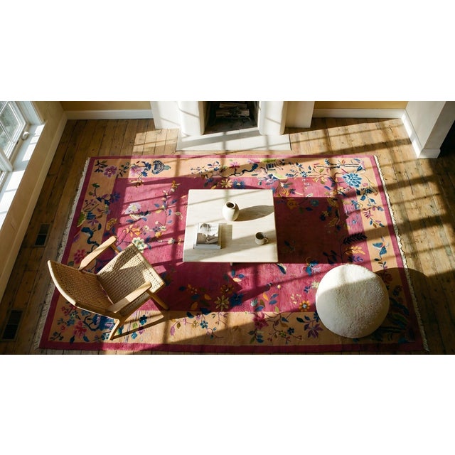 1920s Dark Pink Floral Open Field Antique Chinese Art Deco Rug 6' X 8'8" Handknotted Wool Carpet For Sale - Image 12 of 13