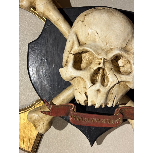 Hand Sculpted, Carved and Parcel Gilt Skull and Crossbones Memento Mori Mounted on a Decorative Plaque For Sale - Image 4 of 11