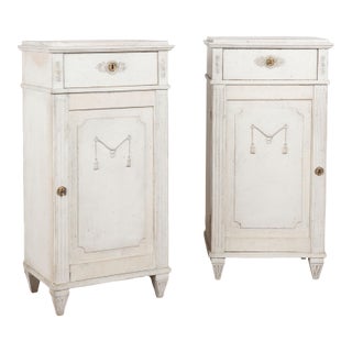Pair 19th Century Swedish Gustavian White Painted Narrow Cabinets For Sale