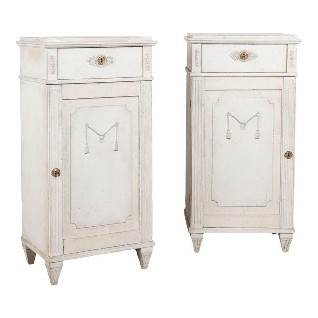 Pair 19th Century Swedish Gustavian White Painted Narrow Cabinets For Sale