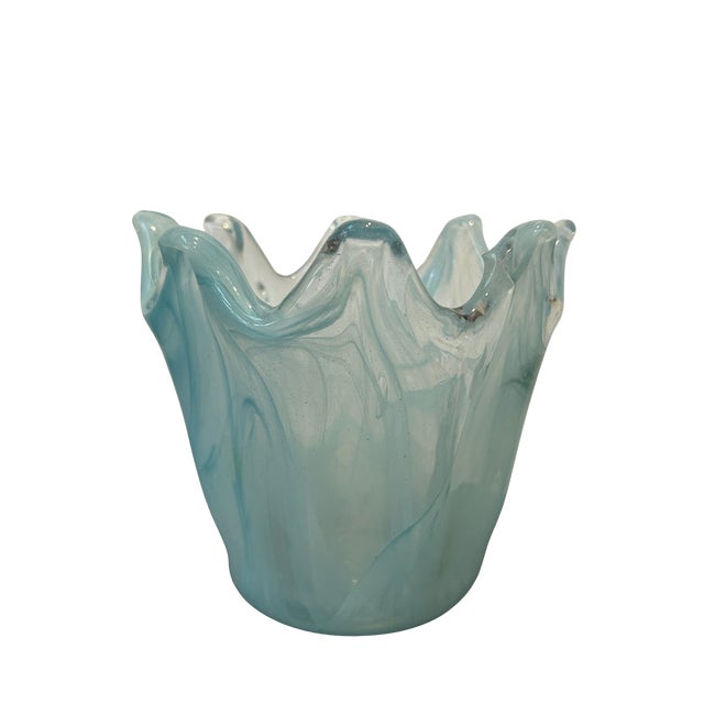 Vintage Murano Style Art Glass Vase | Hand-Blown Italian Blue & White Swirl Opaline Vase with Ruffled Rim | Mid-Century...