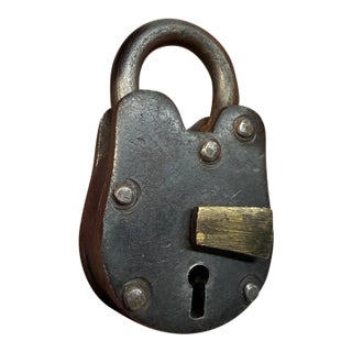 Antique Working Handmade Miniature Riveted Steel Brass Skeleton Key Pad Lock For Sale