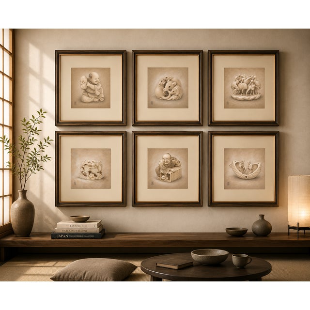 Japanese Japanese Edo Netsuke Archive Tadelakt Texture 8 by 8 Square Gallery Board Prints Set of 6 For Sale - Image 3 of 17