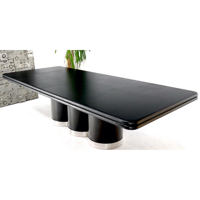 Triple Cylinder Base Lacquered Cloth Wrapped Extra Long Dining Conference Table For Sale - Image 15 of 18