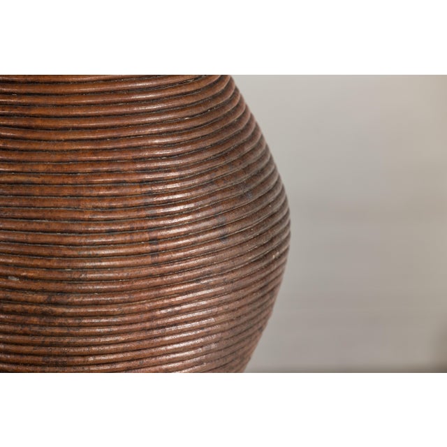 Ceramic Ribbed Vintage Pottery Vase With Burnished Surface For Sale - Image 7 of 18