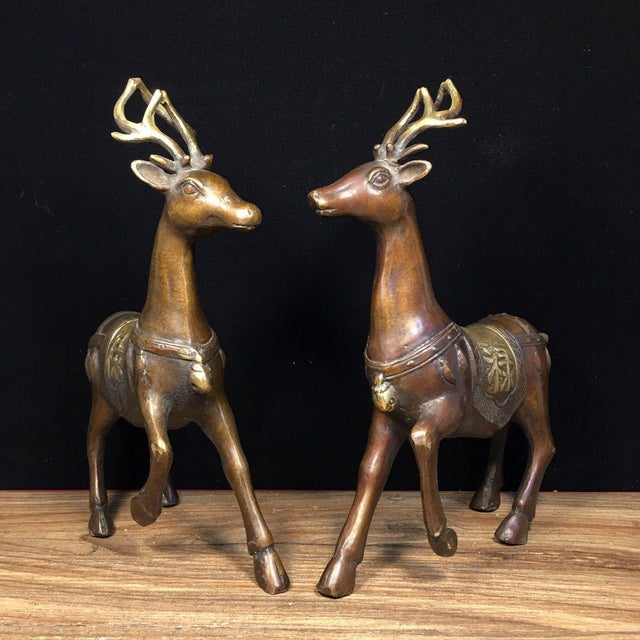 Metal Pair of Vintage Gilt Bronze Deer Figures | Chinese Fu Lu Symbol | Chinoiserie Decor For Sale - Image 7 of 9