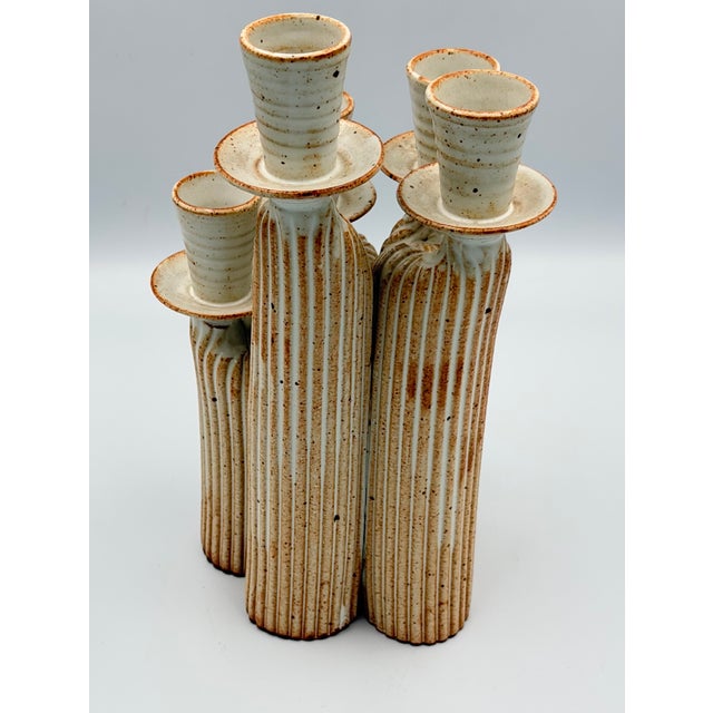 1960s 1960s Modernist Studio Pottery Speckled Ceramic Candelabra 5 Figures Candlesticks 10'' For Sale - Image 5 of 7