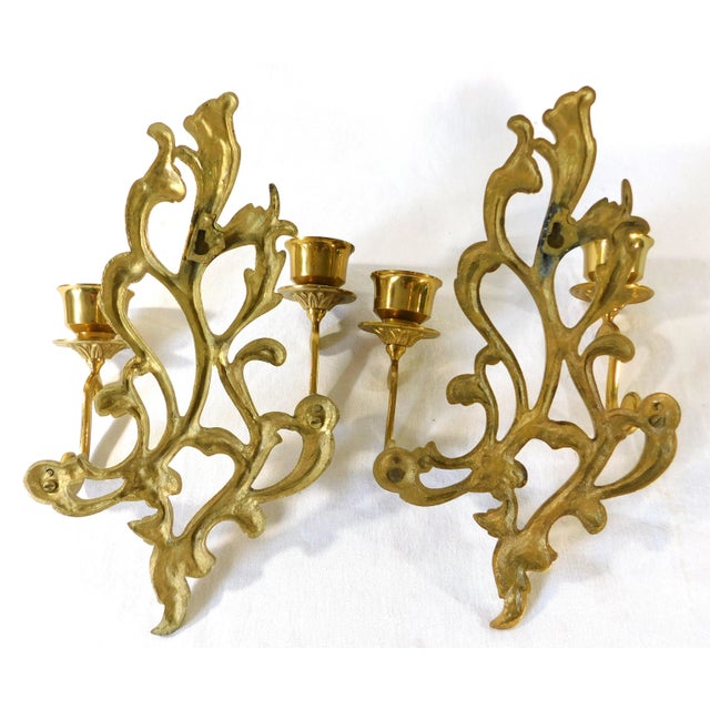 French Pair Vintage Ornate Brass Double Candle Wall Sconces For Sale - Image 3 of 4