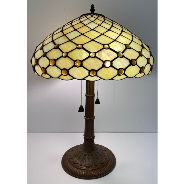 Early 20th Century Antique American Tiffany Style Leaded Stained Glass Table Lamp With Amber Jewels For Sale - Image 5 of 11