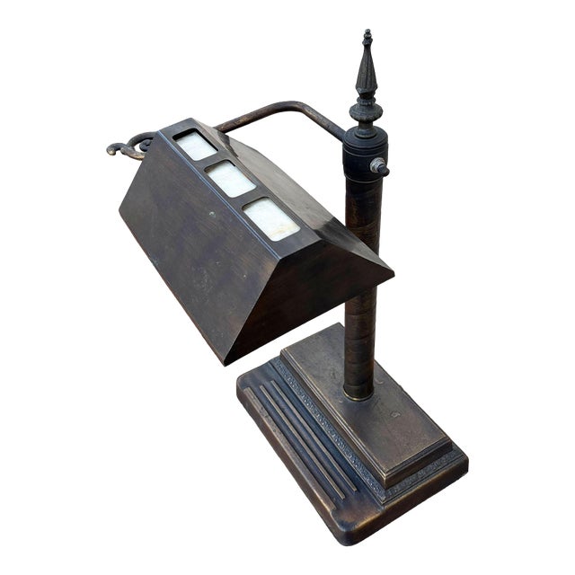 1920s Arts & Crafts Mission Bronze Wash Brass Desk Lamp W/ Clerestory Glass Insets For Sale