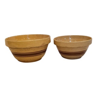 Antique 1800s Large Yellow Ware Rrp Stoneware Mixing Bowls- Set of 2 For Sale