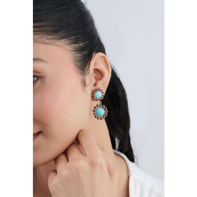 VRJewels 20.43ct Turquoise Sapphire 14k Yellow Gold Floral Navajo Drop Earrings- A Pair For Sale - Image 9 of 18
