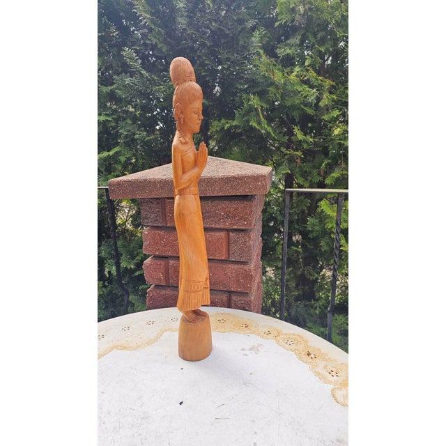 Vintage Wooden Carved Thai Woman Wai, 1970s For Sale - Image 11 of 13