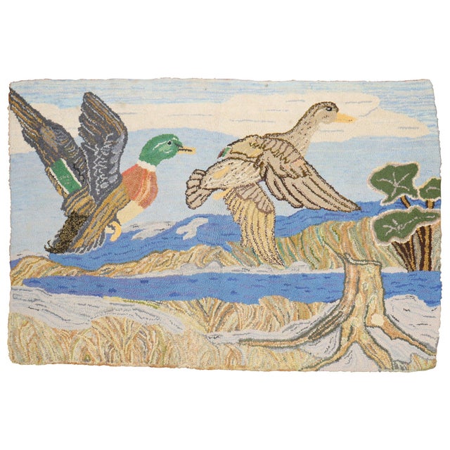 Sky Blue Mid 20th Century Scenic Duck American Hooked Pictorial Rug For Sale - Image 8 of 18