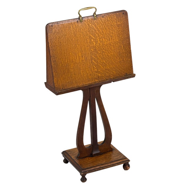 1900 - 1909 Antique 1900s Arts and Crafts Quartersawn Oak Double-Sided Duet Music Stand W/ Lyre Shaped Pedestal For Sale - Image 5 of 18
