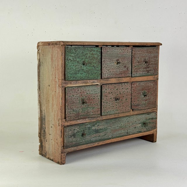 American Stupendous Americana Primitive Antique Apothecary Cabinet/Chest With Distressed Multi Color Paint For Sale - Image 3 of 18