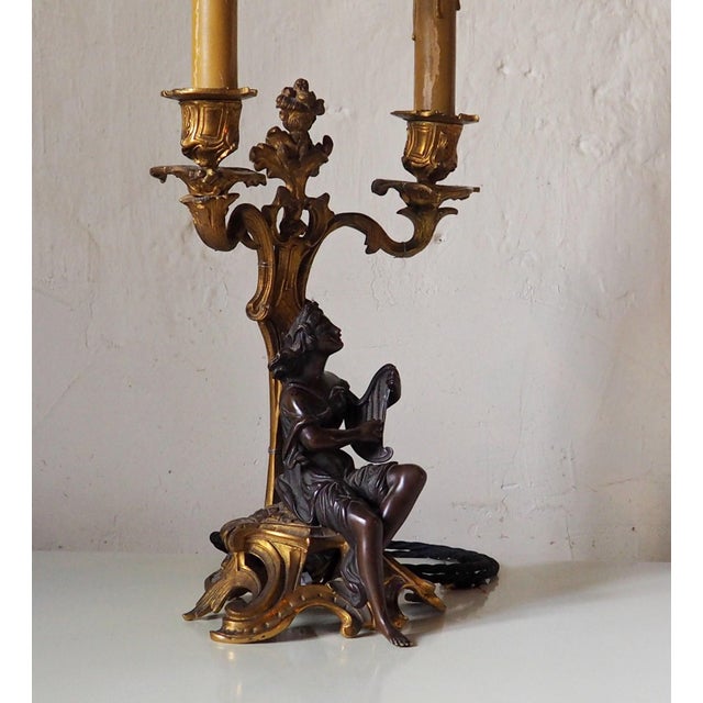 Rococo Antique Victorian Rococo Revival French Bronze Harpist Candelabra Table Lamp, 1870s For Sale - Image 3 of 18