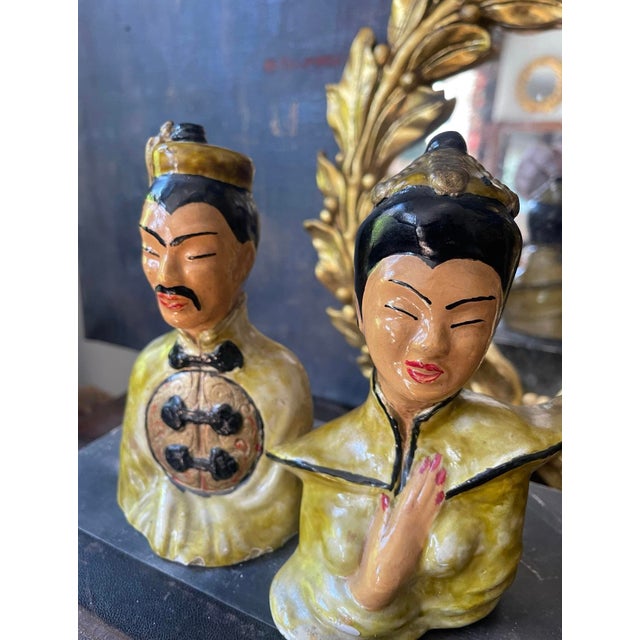 Early 20th Century Pair of Asian 6” Chalkware Statue Busts For Sale - Image 5 of 10