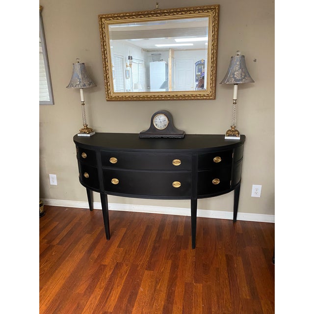 Hepplewhite Demilue Bowfront Sideboard Vintage This vintage Mahogany Hepplewhite Demilune Bowfront Sideboard in Black with...
