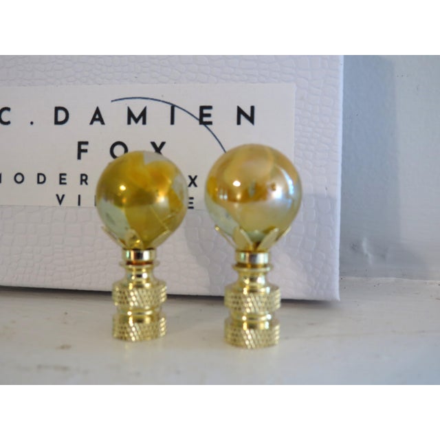 Blown Murano Glass Table Lamp Finials. Cat's Eye Gold, Clear, Swirl Brass Bases, a Pair For Sale In Houston - Image 6 of 7