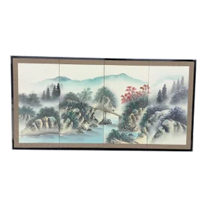 1970s Japanese Asian Signed Four-Panel Folding Lotus Tree Nature Screen