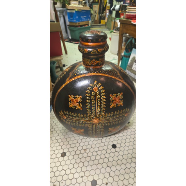 Vintage Hand-Painted Blackware Pottery Bottle Vase With Floral Folk Art Motif For Sale - Image 16 of 18