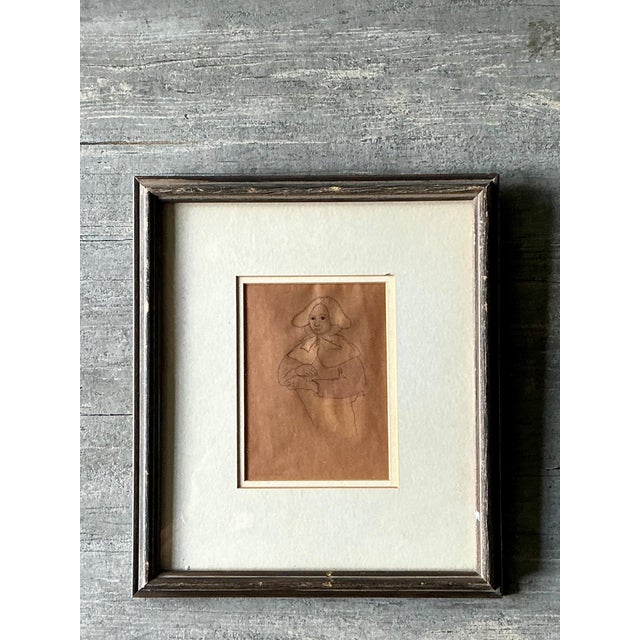 Vintage Portrait Drawing in Frame For Sale - Image 13 of 13