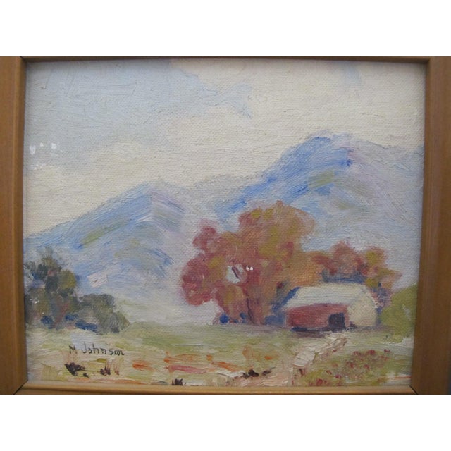 Cutest little vintage miniature oil painting on panel showing a mountain and farmhouse landscape. Signed at lower left M...