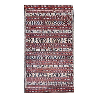 Antique Turkmen Yomut Soumak Kilim, Handwoven Wool, Geometric Pattern, Rust & Blue, 5’ X 10’ For Sale