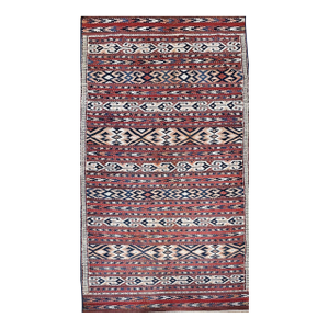 Vintage Turkmen Yomut Kilim in Stripe Pattern in Beige, Rust, Ivory, French Blue