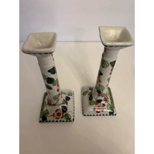 Vintage Portugal Hand-Painted Bird and Floral Motif Candle Holders For Sale - Image 4 of 5