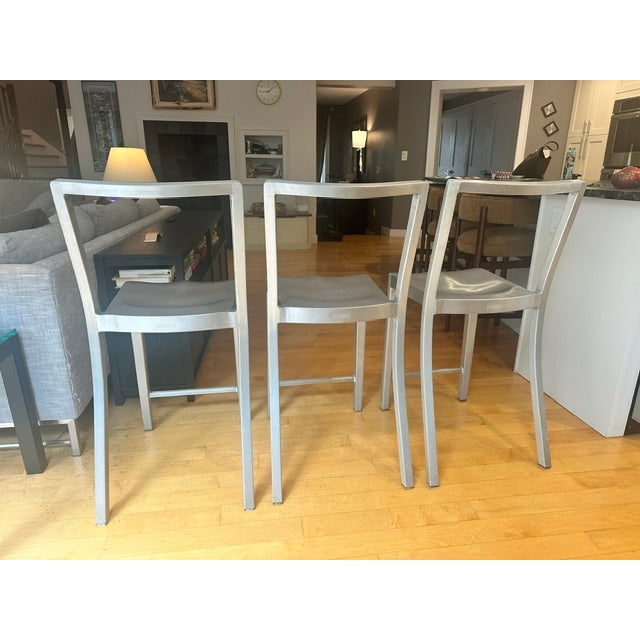 Metal Set of 3 Philippe Starck Icon Counter Stools for Emeco, Hand-Brushed Aluminum For Sale - Image 7 of 12